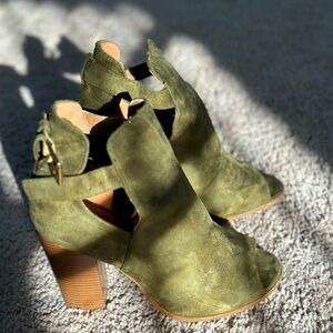 Olive Green Cutout Peep Tow Short Heeled Boots by Bella Marie, Size 8